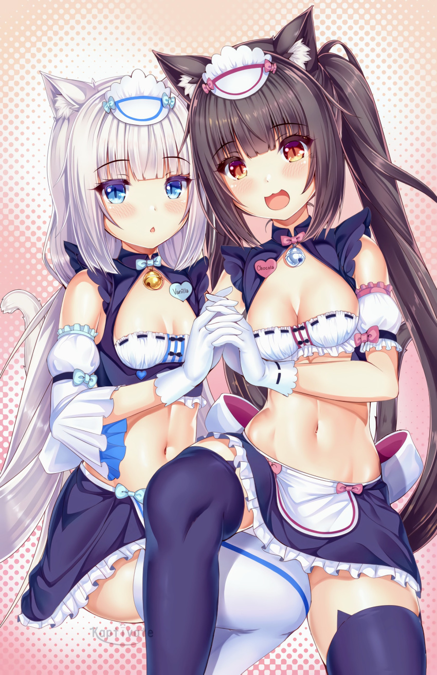 2girls :3 :o animal_ears animal_tail bangs bare_shoulders belly belly_button blue_eyes blunt_bangs blush breasts brown_eyes cat_ears cat_tail catgirl chocola_(sayori) cleavage cute elbow_gloves eyebrows_visible_through_hair female_only fringe gloves high_resolution highres jingle_bell kaptivate legwear linea_alba long_hair maid maid_outfit maid_uniform navel nekomata nekomimi nekopara pigtails revealing_clothes skirt slim_waist small_breasts tail twintails vanilla_(sayori) white_gloves