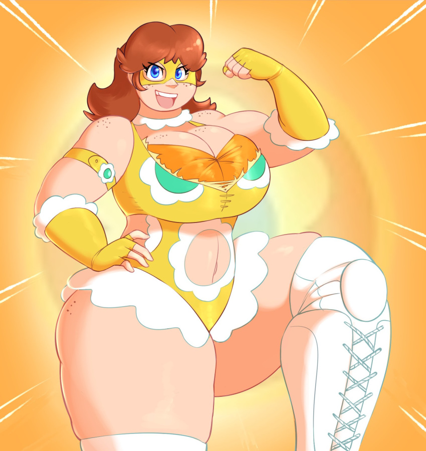 1girls armband belly_button big_breasts blue_eyes boots breasts brown_hair cleavage clothing female female_only fimif fingerless_gloves freckled_skin freckles hand_on_hip huge_breasts large_breasts leotard looking_at_viewer mario_(series) mask navel nintendo open_mouth orange_background princess_daisy short_hair smile solo thick_body thick_legs thick_thighs thighs tight_clothing voluptuous wide_hips wrestler wrestling