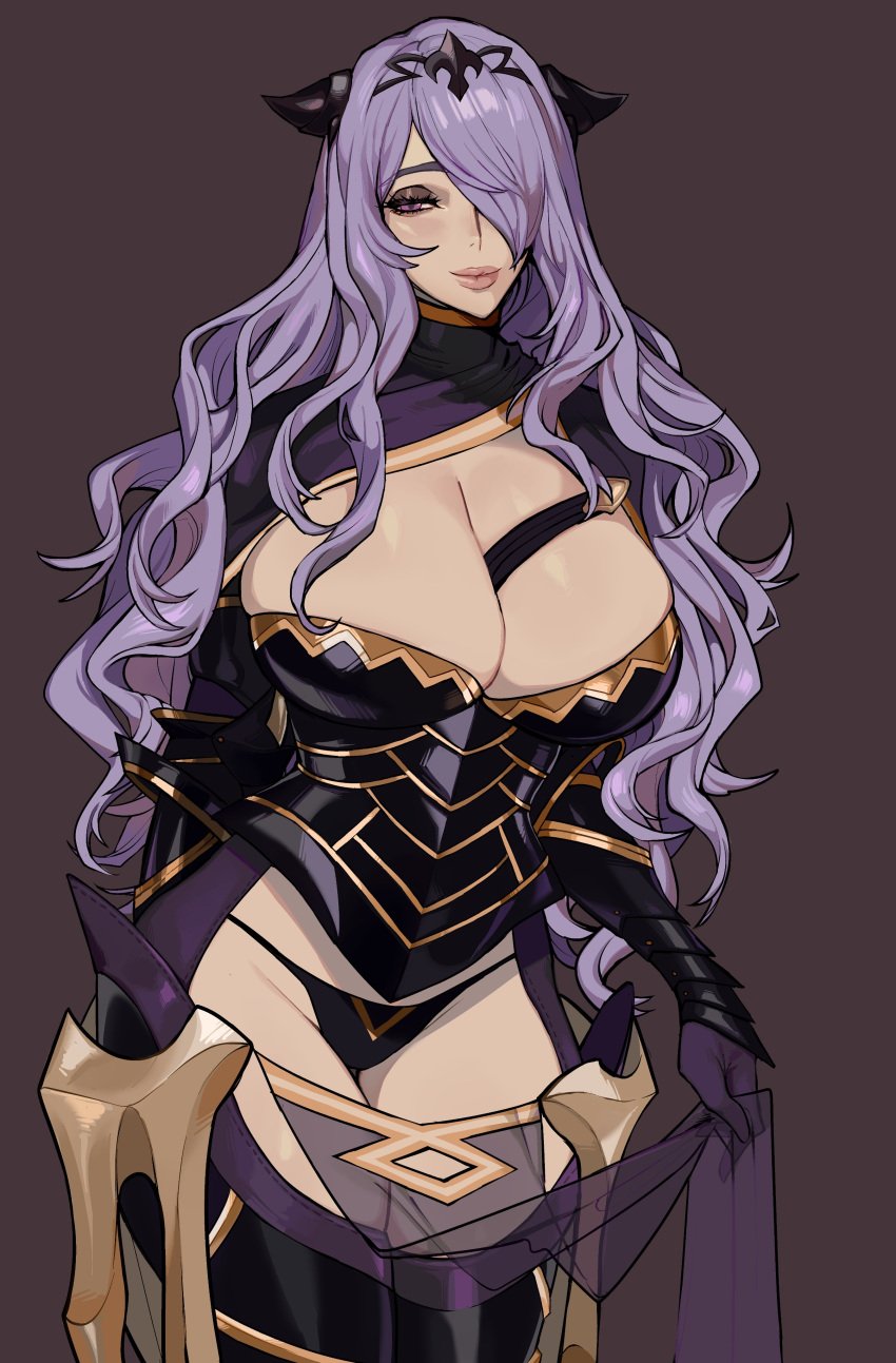 1girls absurdres bare_thighs black_panties breasts brown_background camilla_(fire_emblem) cleavage clothed commentary ennuigrl female fire_emblem fire_emblem_fates hair_over_one_eye highres huge_breasts inner_thighs large_breasts lifted_by_self light_smile lips long_hair looking_at_viewer nintendo panties pelvic_curtain pelvic_curtain_lift purple_eyes purple_hair simple_background smile solo thick_lips thighs underwear veil