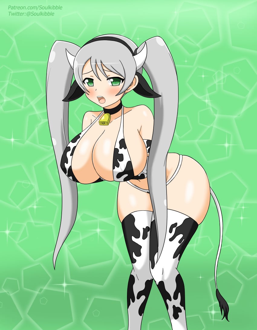 big_breasts cow_girl cow_horns cow_print cow_tail cowbell green_eyes grey_hair senran_kagura senran_kagura_(series) senran_kagura_new_wave soulkibble thick_thighs tsubame_(senran_kagura) twintails