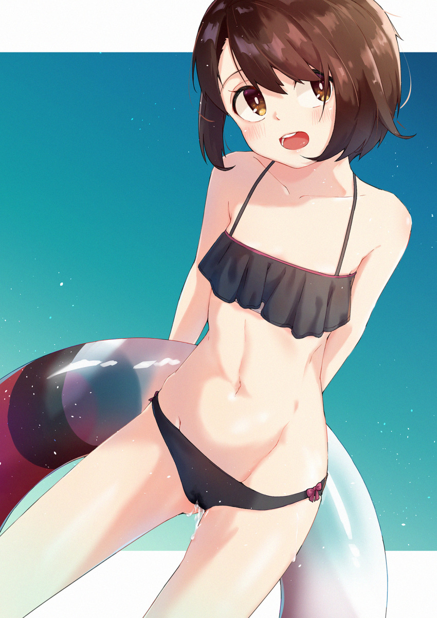 abs arms_behind_back bikini brown_eyes collarbone female gloria_(pokemon) groin highres innertube looking_at_viewer navel nintendo open_mouth pokemon pokemon_ss pussy_juice pussy_juice_drip_through_clothes short_hair solo swimsuit yayoitsukito