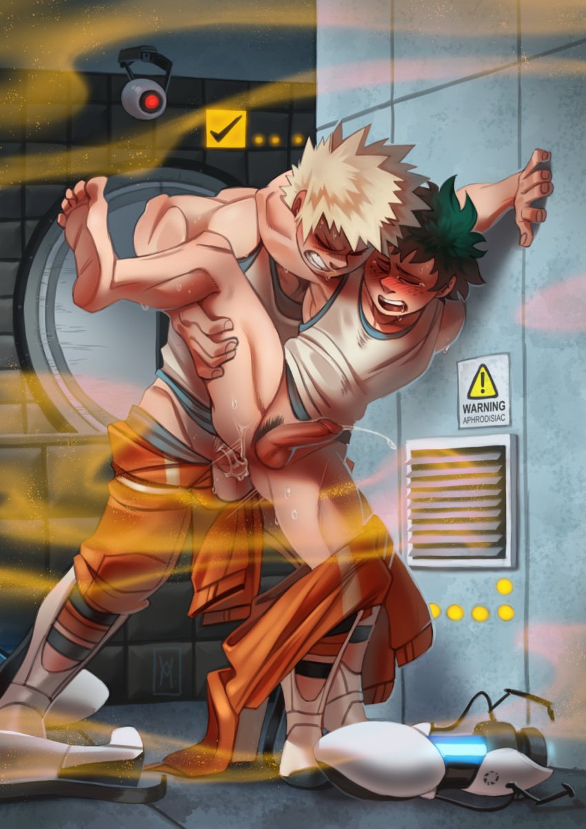 2boys anal aphrodisiac barefoot blonde_hair clothed_sex cosplay crossover cum cum_in_ass fanon_couple footwear gay green_hair human izuku_midoriya katsuki_bakugou long_fall_boots male male_only my_hero_academia pale_skin pants_down penis portal portal_(series) portal_gun pubic_hair testicles weapon wildmage yaoi