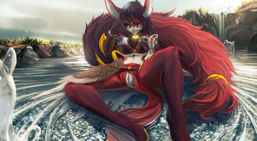 2020 absurd_res anthro areola black_hair breasts day detailed_background digital_media_(artwork) female fruitbloodmilkshake fur genitals hair hi_res nipples outside pussy red_body red_fur red_hair sky solo