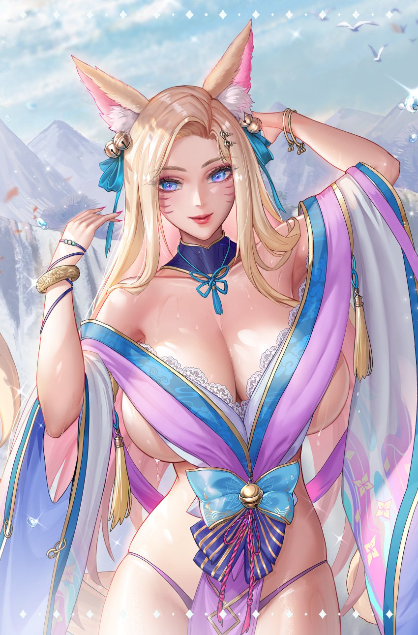 1girls ahri animal_ears bare_legs bare_shoulders barefoot beautiful_background bell blonde_hair blue_eyes bracelet breasts cleavage ear_tuft female female_only fox fox_ears fox_girl fox_tail hair_bell k/da_all_out_ahri k/da_all_out_series large_breasts league_of_legends long_hair looking_at_viewer portrait riot_games sideboob spirit_blossom_ahri spirit_blossom_series tail tsuki_no_i-min water water_drop wet wet_hair whisker_markings