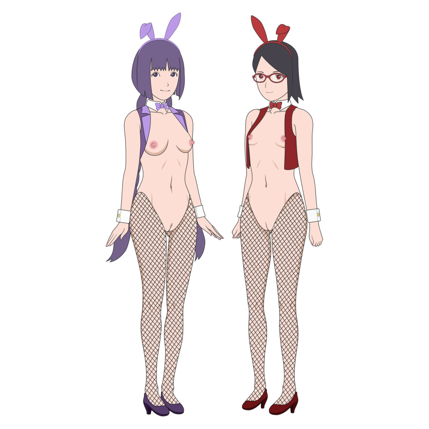 2girls areolae borusumi boruto:_naruto_next_generations braid braided_twintails breasts bunny_ears bunny_girl clothed clothing detached_collar detached_sleeves fake_animal_ears female female_only fishnet_stockings fishnets footwear full_body functionally_nude glasses hairband heels impossible_clothes innie_pussy kakei_sumire long_hair looking_at_viewer matching_hair/eyes medium_breasts multiple_girls naruto naruto_(series) nipples no_underwear open_clothes purple_eyes purple_hair pussy red_eyes revealing_clothes reverse_bunnysuit sarada_uchiha sharingan simple_background sleeveless small_breasts smile standing stockings tied_hair vagina very_long_hair vest white_background