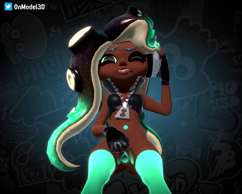 3d bottomless dark_skin green_pussy looking_at_another looking_at_viewer marina_(splatoon) nintendo onmodel3d self_upload splatoon splatoon_2 spreading tagme thighhighs winking zipper