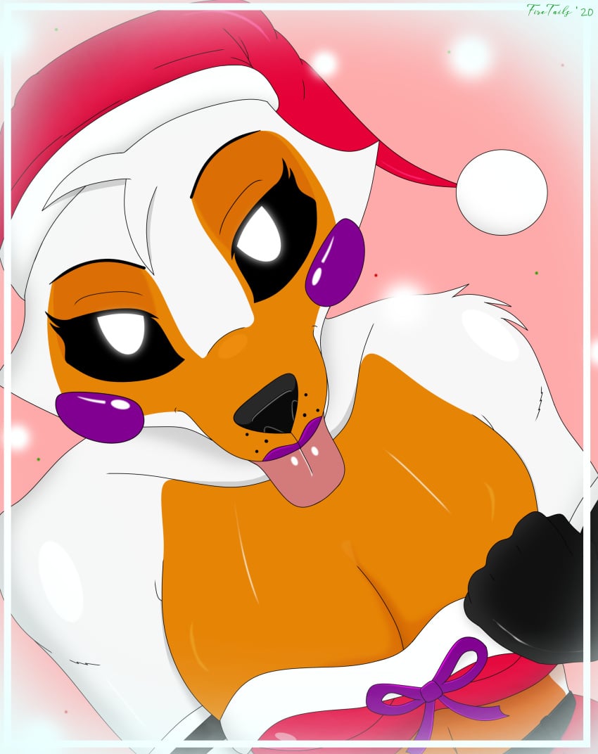 2020 absurd_res animatronic anthro border bow breasts canid canine christmas cleavage clothed clothing colored costume digital_media_(artwork) female firetails five_nights_at_freddy's five_nights_at_freddy's_world fox fur glistening glistening_body glowing glowing_eyes hat headgear headwear hi_res high-angle_view holidays lipstick lolbit_(fnaf) looking_at_viewer looking_up machine makeup mammal multicolored_body multicolored_fur orange_body orange_fur purple_lipstick robot santa_costume santa_hat shaded simple_background sister_location snow solo solo_focus tongue tongue_out video_games white_body white_fur