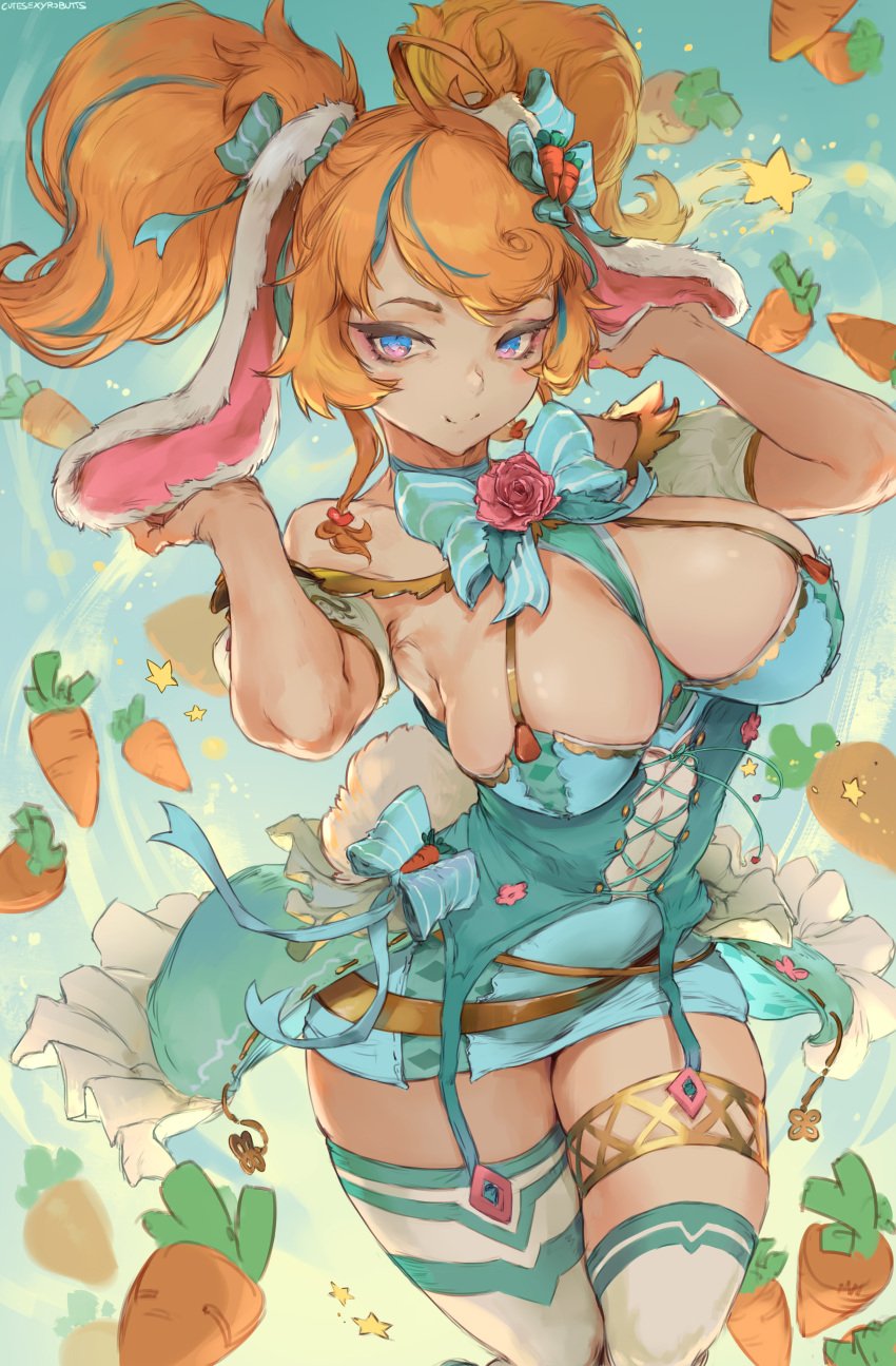 1girls absurd_res animal_ears blue_eyes blue_highlights breasts bunny_ears bunny_gif bunny_girl carrot cleavage clothed cutesexyrobutts female_focus female_only heart heart-shaped_pupils hi_res high_resolution horny indie_virtual_youtuber large_breasts looking_at_viewer nail_polish only_female orange_hair pink_eyes smile solo solo_female symbol-shaped_pupils thighs tied_hair twintails virtual_youtuber