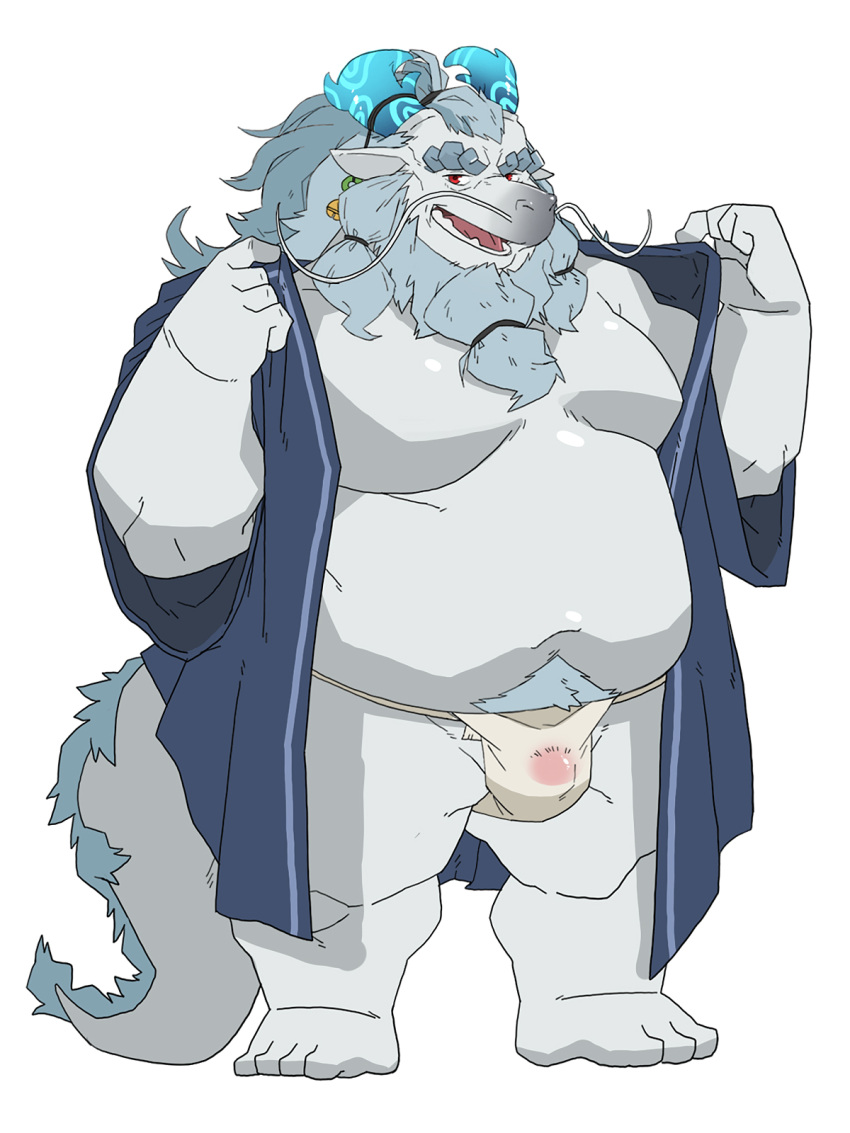 2020 anthro asian_clothing belly bluewhale127 bulge clothing dragon east_asian_clothing fundoshi grey_body hi_res humanoid_hands japanese_clothing kemono male male_only moobs overweight overweight_anthro overweight_male robe simple_background solo underwear white_background