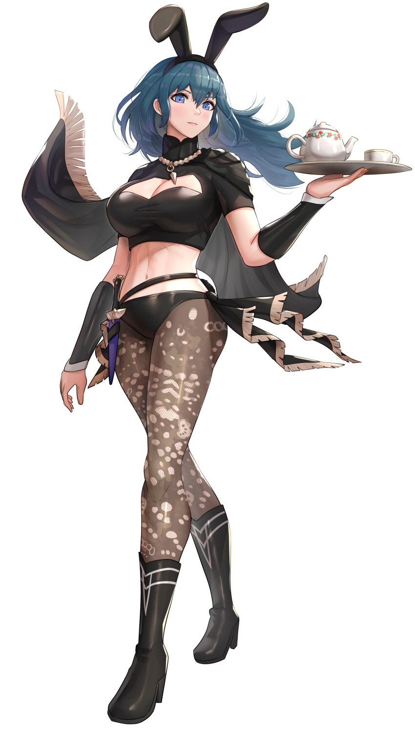 1girls absurdres animal_ears bangs bikini bikini_bottom black_bikini black_cape blue_eyes blue_hair boots breasts brown_legwear bunny_day bunnysuit byleth_(fire_emblem) byleth_(fire_emblem)_(female) cape cleavage closed_mouth crop_top cup dagger expressionless fake_animal_ears female fire_emblem fire_emblem:_three_houses floating_hair full_body gonzarez hair_between_eyes highres holding holding_cup holding_tray holster knife large_breasts leggings long_hair looking_at_viewer midriff navel nintendo pantyhose pink_lips playboy_bunny rabbit_ears sheath sheathed short_sleeves simple_background solo stomach swimsuit teacup teapot thighs tray vambraces weapon white_background