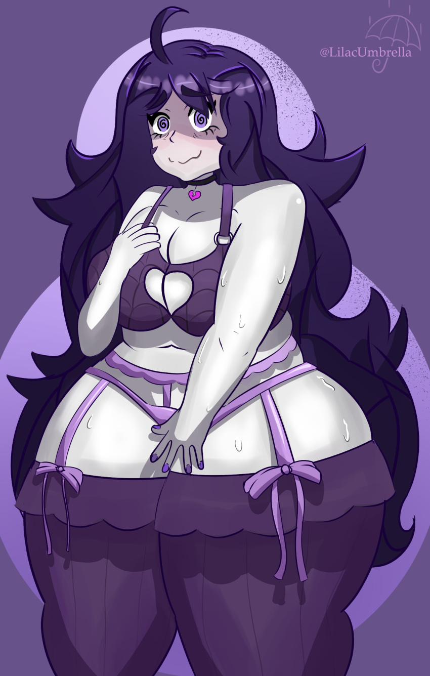 1girls big_ass big_breasts big_butt blush brollyinthewind choker chubby chubby_female covering cowlick crazy_eyes embarrassed frills grey_skin hex_maniac huge_ass huge_breasts lilacumbrella_(artist) lingerie long_hair nervous nervous_smile pokemon pokemon_xy purple_eyes purple_hair simple_background solo solo_female solo_focus thick_thighs thighhighs wide_hips