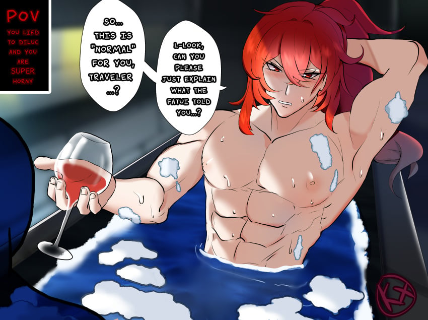 1boy armpits bath bathing diluc_(genshin_impact) english_commentary english_text gay genshin_impact holding_glass horny looking_at_viewer male_only muscles mysterykx ponytail pov red_hair speech_bubble talking_to_viewer wine wine_glass yaoi