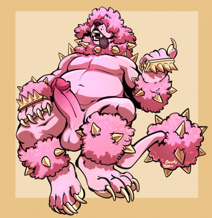 2020 4_toes anthro balls brass_knuckles candy.yeen canid canine canis domestic_dog fur genitals hi_res male male_only mammal melee_weapon nude penis pink_body pink_fur poodle simple_background spikes teeth toes tongue tongue_out weapon