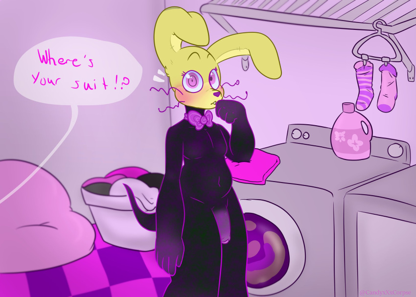 ! 2020 ? anthro appliance big_ears black_eyebrows blush bow bow_tie bow_tie_only buckteeth candyxxxcorpse checkered_floor clothing dialogue embarrassed eyebrows eyelashes five_nights_at_freddy's five_nights_at_freddy's:_help_wanted flaccid footwear foreskin genitals glitchtrap hi_res humanoid_genitalia humanoid_penis lagomorph laundry leporid long_ears looking_at_viewer machine male male_only mammal mostly_nude navel nude oddly_cute pecs penis pink_eyes purple_body purple_nose purple_penis purple_skin purple_tail question rabbit skinny socks solo speech_bubble standing teeth uncut video_games washing_machine whiskers yellow_ears