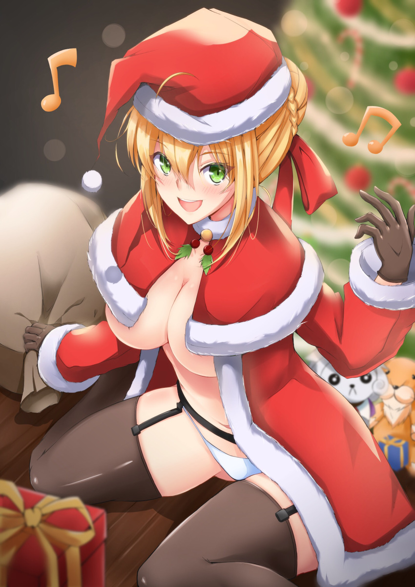 1girls :d black_gloves black_legwear blonde_hair blush box breasts capelet christmas christmas_tree fate/extra fate_(series) female garter_straps gift gift_box gloves green_eyes hair_ribbon hand_up hat highres isane large_breasts musical_note navel nero_claudius_(fate) open_mouth panties ribbon santa_hat short_hair sitting smile solo stuffed_animal stuffed_toy thighhighs underboob underwear white_panties