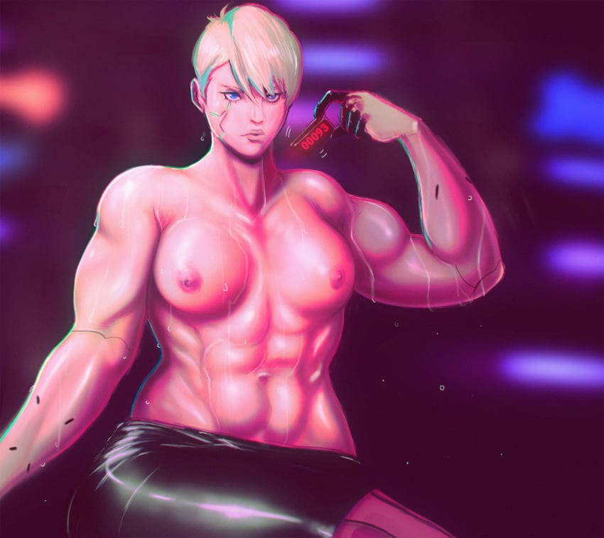 1girls abs art_jaguar biceps blonde_hair cd_projekt_red cyberpunk:_edgerunners cyberpunk_2077 dorio_(edgerunners) female female_only flexing flexing_bicep jaguarart muscle_mommy muscular muscular_female navel netflix short_hair studio_trigger text topless very_short_hair