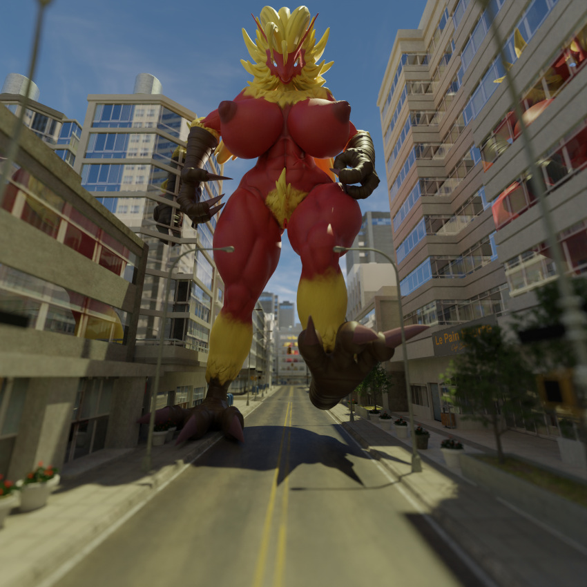 2020 3_fingers 3_toes 3d absurd_res anthro avian big_breasts blaziken blue_eyes bluejuicyjuice breasts city claws feet female fingers fur genitals hi_res issilora_(artist) looking_down low-angle_view macro muscular muscular_anthro muscular_female nintendo nipples nude outside pokemon pokemon_(species) pubes pussy red_body scar sky solo street talons toes video_games walking yellow_body yellow_fur