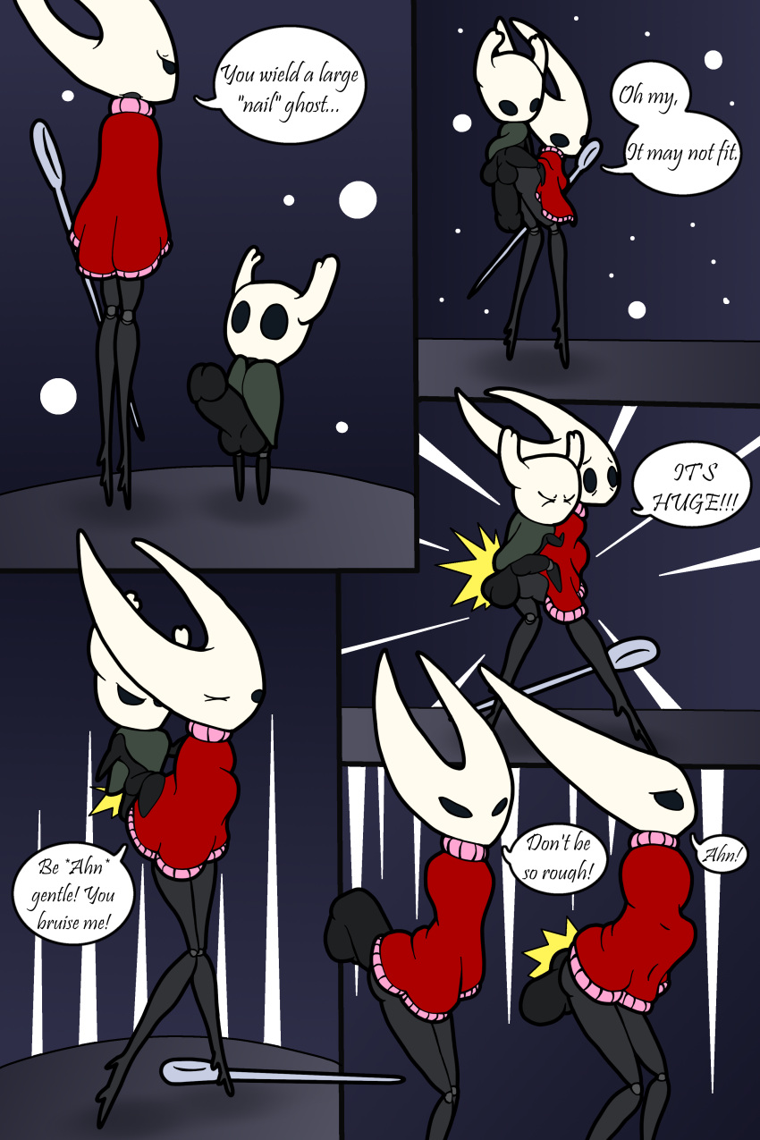 absurd_res anthro big_penis clothing comic dialogue dress duo female genitals hi_res hollow_knight hornet_(hollow_knight) hyper hyper_penis incest male penis pornwhal protagonist_(hollow_knight) sex siblings size_difference small_but_hung stomach_bulge straight team_cherry vaginal_penetration vessel_(species) video_games