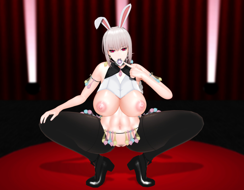 3d braid braided_hair braided_ponytail breasts bunny_ears bunnysuit condom condom_accessories condom_belt condom_earring condom_in_mouth condom_skirt curvaceous earrings fate/grand_order fate_(series) female_pubic_hair florence_nightingale_(fate) huge_breasts long_hair looking_at_viewer negakura_imu nipples pink_hair ponytail pussy red_eyes reverse_bunnysuit spread_legs squatting thighhighs used_condom