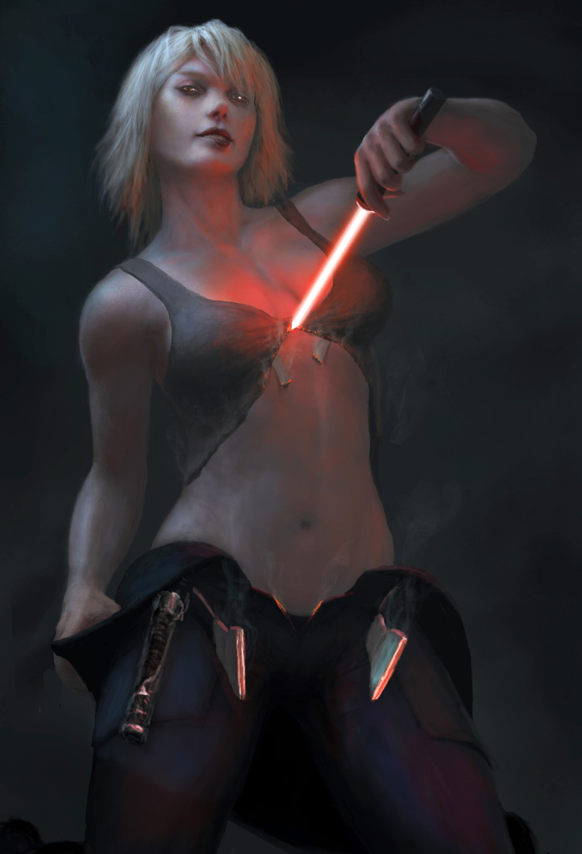 big_breasts bioware blonde_hair bra breasts cut_clothes cutting_clothes dark_background female female_only lana_beniko lightsaber lightsaber_hilt lip_biting lucasfilm panties sith sith_eyes smile smiling solo solo_female star_wars star_wars:_the_old_republic steam underwear undressing weapon yellow_eyes