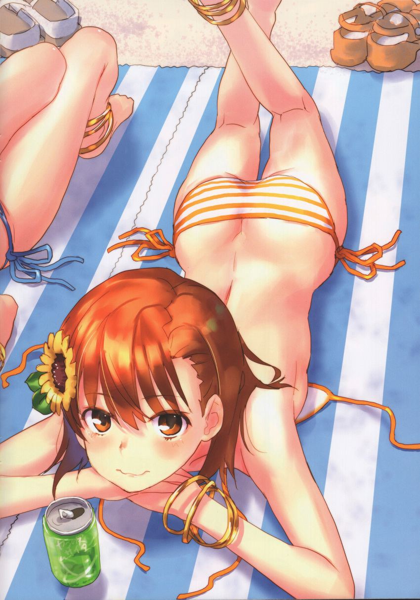 2girls absurdres ass ass_cleavage bangs bare_back bare_shoulders beach_towel bikini bracelet brown_eyes brown_hair butt butt_crack can closed_mouth day eyebrows_visible_through_hair female female_only flower hair hair_flower hair_ornament highres huge_filesize jewelry kneepits lips looking_at_viewer lying misaka_mikoto multiple_girls on_stomach outdoors raika9 scan shimapan side-tie_bikini soda_can striped striped_bikini striped_towel swimsuit teenage_girl teenager thighs to_aru_kagaku_no_railgun to_aru_majutsu_no_index towel untied untied_bikini young