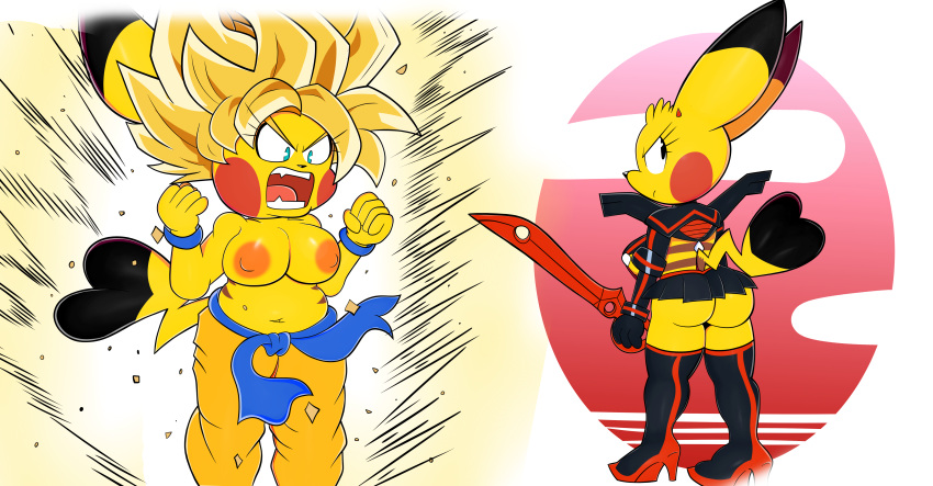 absurd_res anthro ass blackmore breasts cosplay cosplay_pikachu crossover dragon_ball dragon_ball_super dragon_ball_z female hi_res kill_la_kill matoi_ryuuko_(cosplay) nintendo pikachu pokémon_(species) pokemon scissor_blade senketsu son_goku_(cosplay) studio_trigger super_saiyan video_games