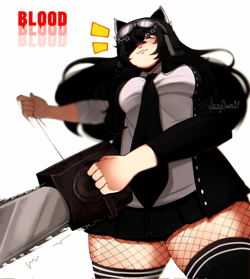1girls black_hair breasts chainsaw clothed female fishnet_stockings fishnets goggles jazyowo light_skin long_hair open_jacket roblox roblox_avatar robloxian shirt skirt source_request standing tagme thick thick_thighs thighhighs thighs tie watermark