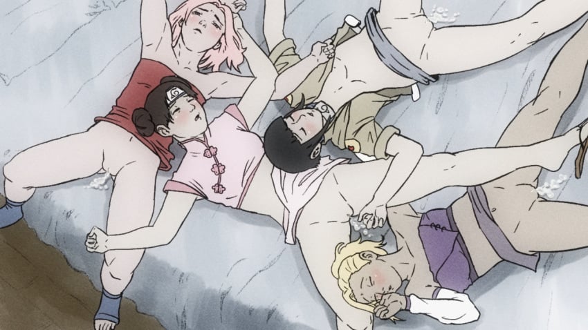 4girls after_sex bed black_hair blonde_hair breasts brown_hair clothing cum cum_drip cum_in_pussy cum_inside cum_puddle double_bun female female_only forehead_protector half-closed_eyes harem headband hyuuga_hinata ino_yamanaka knocked_out konohagakure_symbol lying lying_on_back multiple_girls naruto naruto_(classic) naruto_(series) on_bed open_clothes partially_clothed passed_out pink_hair ponytail sakura_haruno small_breasts temon tenten tied_hair tired unconscious