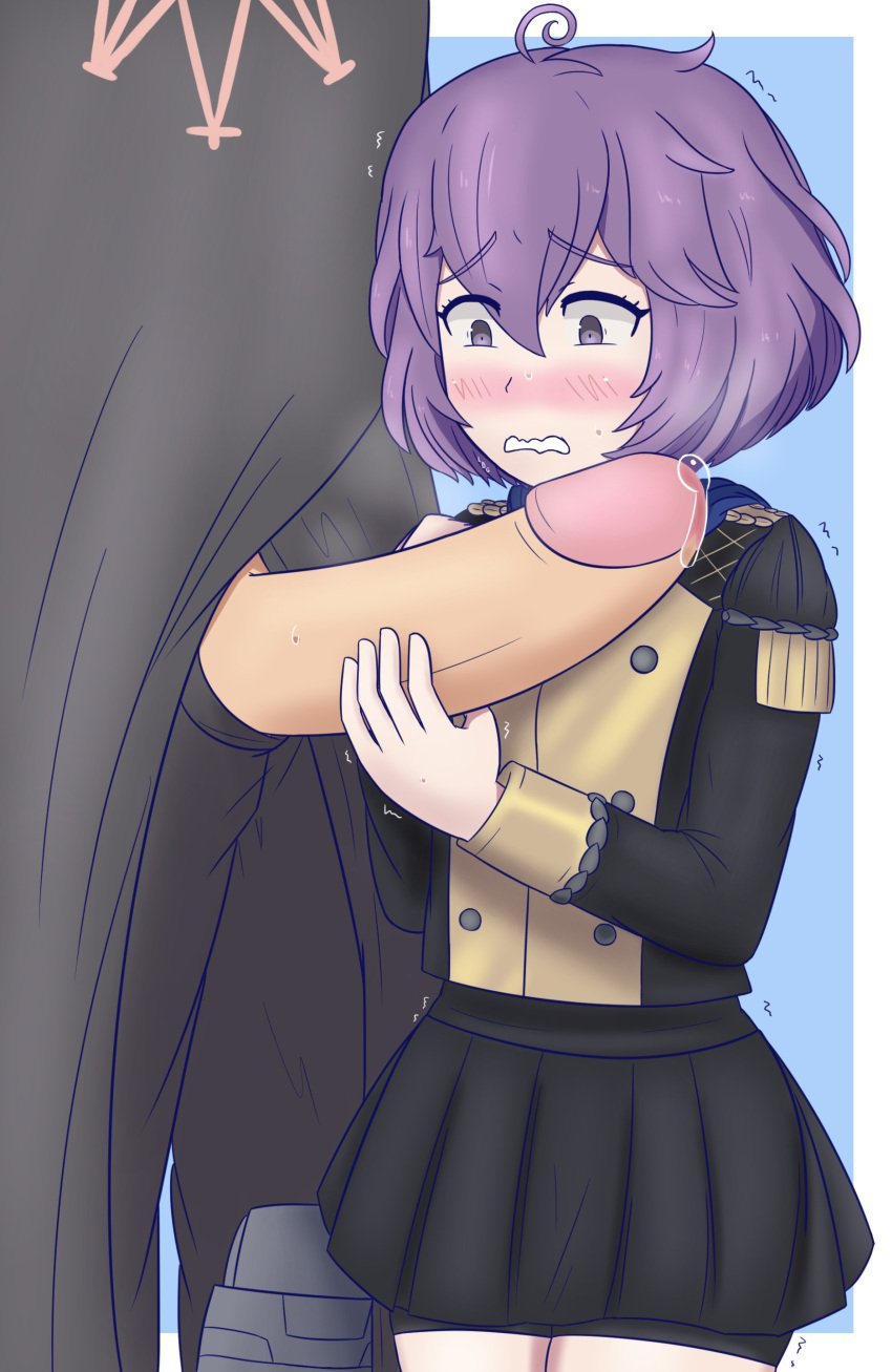 1boy 1girls bernadetta_von_varley blush byleth_(fire_emblem) byleth_(fire_emblem)_(male) fire_emblem fire_emblem:_three_houses garreg_mach_monastery_uniform leud nervous nintendo penis penis_awe penis_grab precum purple_eyes purple_hair short_hair sweat trembling