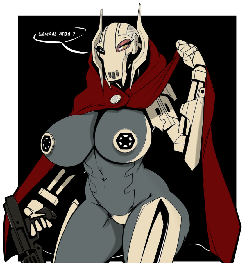 2020 almost_naked big_ass big_breasts blaster blinking cape cape_only colored cyborg edit english_text female genderswap general_grievous hi_res highres karakylia large_breasts nipple_pasties pasties robot_girl rule_63 star_wars thick_thighs wide_hips