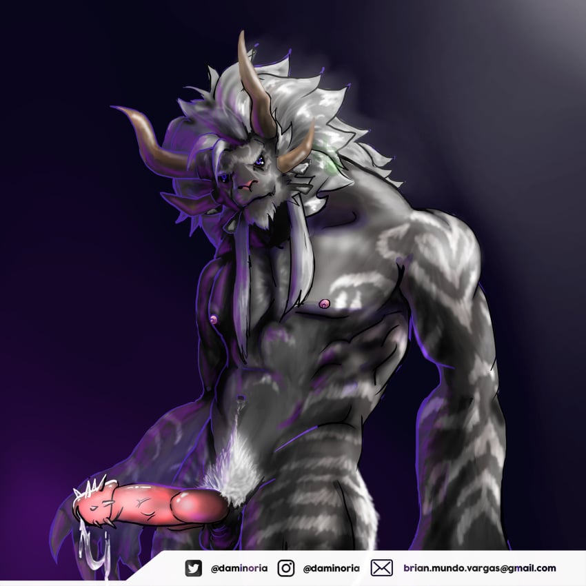 1boy absurd_res anthro barbed_penis black_fur charr commission_art daminoria felid feline feline_penis furry_only grey_fur guild_wars guild_wars_2 hi_res horns male male_only mammal solo video_games white_fur