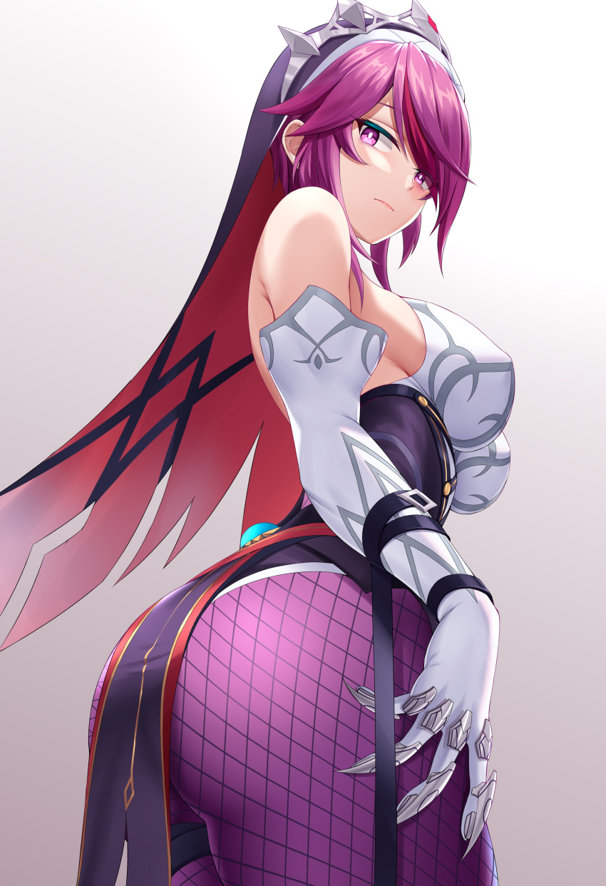 1girls ass bangs bare_shoulders big_breasts breasts butt chitu_hefeng_zhong claws curvy dress female female_only fishnet_legwear fishnet_pantyhose fishnets genshin_impact gloves large_breasts long_gloves nun pantyhose purple_eyes purple_hair rosaria_(genshin_impact) short_hair solo solo_female thick tight_clothing veil voluptuous