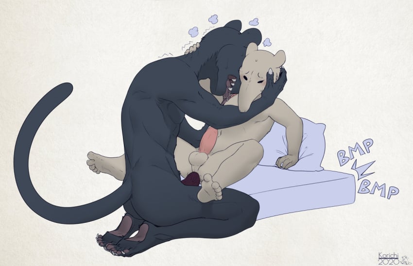 2020 anal anal_sex anteater anthro anthro_on_anthro anthro_penetrated anthro_penetrating anthro_penetrating_anthro balls beastars black_body black_fur blush duo erection feet felid fur genitals grey_body grey_fur humanoid_feet interspecies kibi_(beastars) korichi licking male male/male male_only male_penetrated male_penetrating male_penetrating_male mammal mattress nude pantherine penetration penile penile_penetration penis perineum pilosan sex size_difference tao_(beastars) toe_pads tongue tongue_out xenarthran