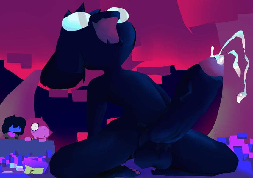 absurd_res anthro balls black_body black_fur bodily_fluids capsut cum deltarune detailed_background ejaculation eyewear female fur genital_fluids genitals glasses hands-free hi_res kneeling kris_(deltarune) looking_pleasured male male_focus nude open_mouth penis purple_body ralsei surprised_expression susie_(deltarune) video_games