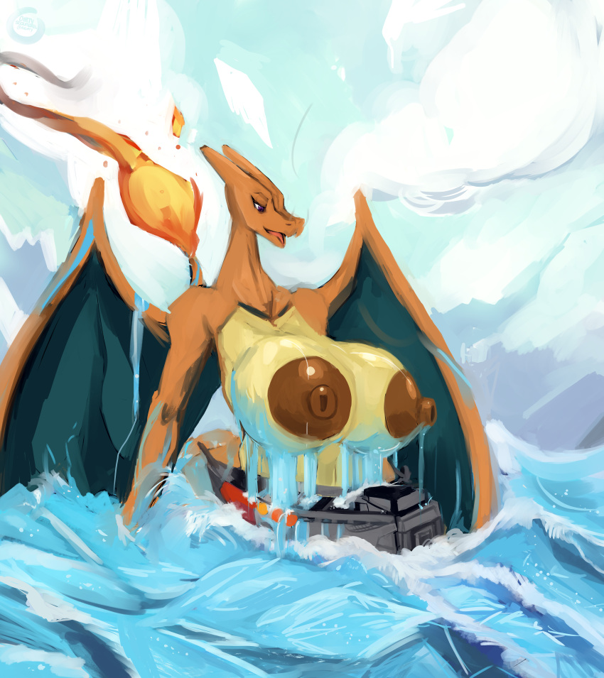 1girls absurd_res anthro big_breasts blue_sky boat breasts brown_nipples chari-gal charizard cloud dirtyscoundrel dragon_wings female fire giantess hi_res huge_breasts human large_breasts macro mammal nintendo nipples non-mammal_breasts open_mouth pokémon_(species) pokemon pokemon_(species) sea sky solo splash vehicle video_games water watercraft wings