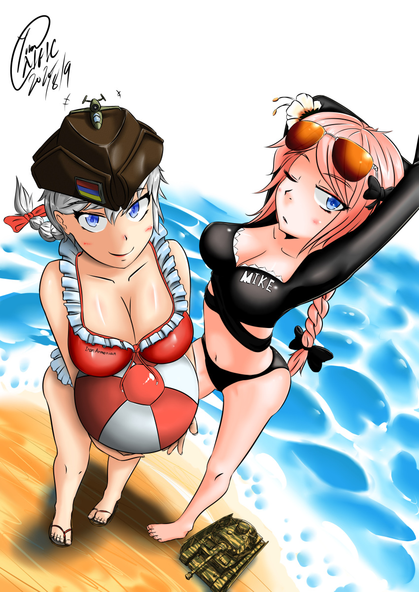 beach beachball blue_eyes bra braided_ponytail female_only flip_flops iron_armenian lady_baron mikegoesboom pink_hair posing sandals sunglasses_on_head white_hair white_skin