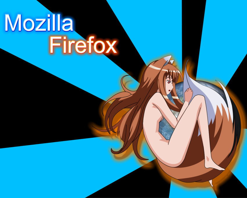 1girls animal_ears firefox firefox_(artist) flat_chest holo long_hair mascot nude ookamimimi spice_and_wolf tail wallpaper wolf_ears