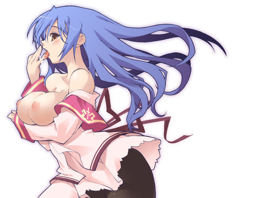 blue_hair breast_hold breast_lift breasts kotamaru kotamaru-mu kujou_ria large_breasts long_hair nipples tongue twinkle_crusaders