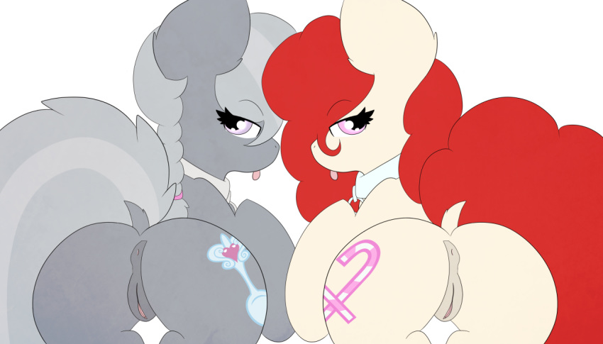 anus ass collar duo ensayne equine eyelashes female friendship_is_magic fur grey_fur hair horse looking_at_viewer mammal my_little_pony pink_eyes plain_background pony presenting purple_eyes pussy red_hair silver_spoon_(mlp) tan_fur tongue twist_(mlp) white_hair