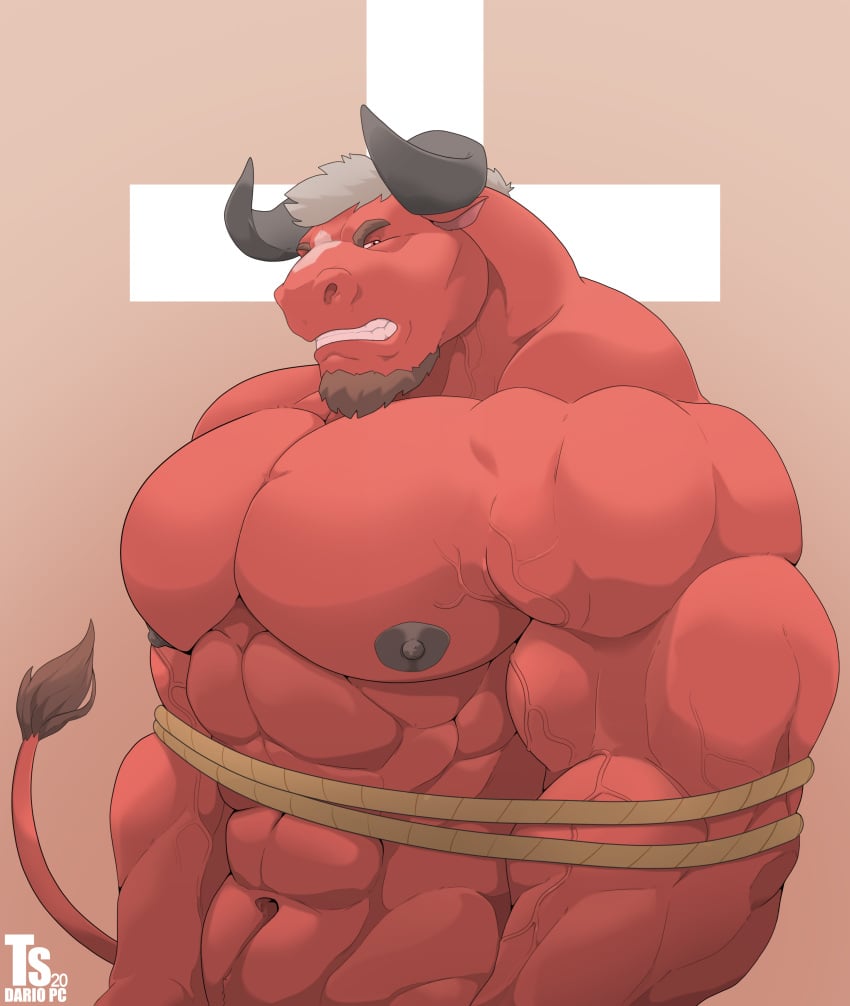 2020 abs absurd_res animal_humanoid anthro arms_bound bara bara_ass bara_tiddies bara_tits beard biceps big_chest big_pecs black_nipples bound bovid clenched_teeth darius_(kemo_coliseum) facial_hair gigantic_chest gigantic_pecs hi_res horn huge_chest huge_pecs humanoid kemo_coliseum large_pectorals male male_only mammal man_boobs man_breasts massive_chest massive_pecs moobs muscular muscular_anthro muscular_male nipples nude pecs red_body rope rope_bondage solo tail_tuft teeth tuft tylerstark vein video_games