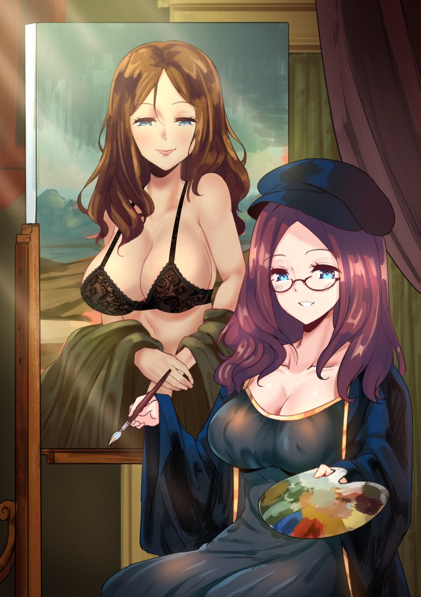 1girls 2020 absurd_res art bare_shoulders black_bra black_dress blue_eyes bra breasts brown_hair cleavage clothed clothing dress eyebrows_visible_through_hair fate/grand_order fate_(series) female female_only fine_art_parody glasses half-closed_eyes hat highres holding_object holding_paintbrush indoors large_breasts leonardo_da_vinci_(fate/grand_order) lingerie lips long_hair long_sleeves looking_at_viewer mona_lisa navel nipple_bulge paintbrush painting palette parody pose rayno sideboob sitting smile solo teeth underwear