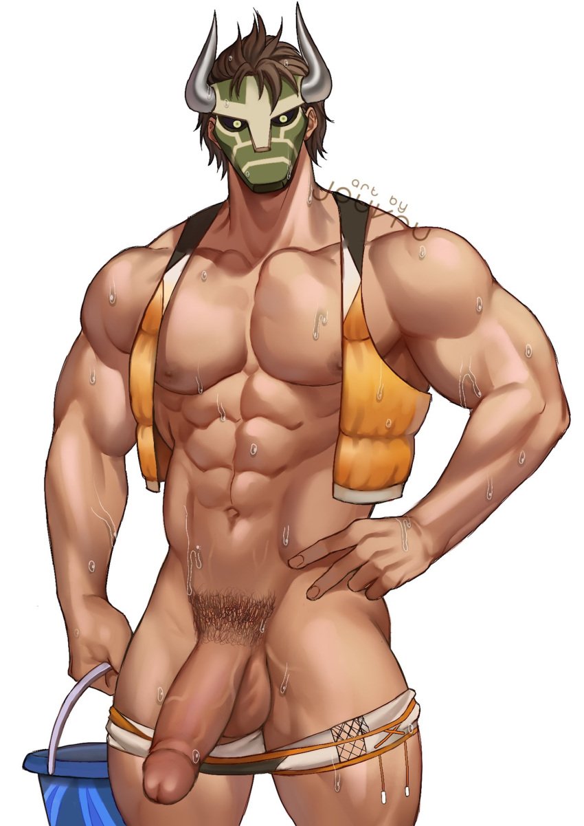 1boy abs bara beefy biceps bodybuilder brown_hair bucket erection fire_emblem fire_emblem:_new_mystery_of_the_emblem human jouvru_(joberu) legion_(fire_emblem) male male_nipples male_only male_pubic_hair mask muscles muscular_male open_shirt pants_down pecs penis semi-erect smooth_skinned_male solo sweaty thick thick_legs thick_penis thick_thighs veiny_penis