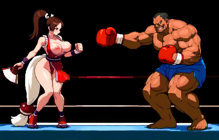 1boy ai_generated balrog boxing boxing_gloves boxing_ring dark-skinned_male dark_skin fatal_fury female king_of_fighters lesson mai_shiranui nsfwbisonmai pixel_art ring street_fighter
