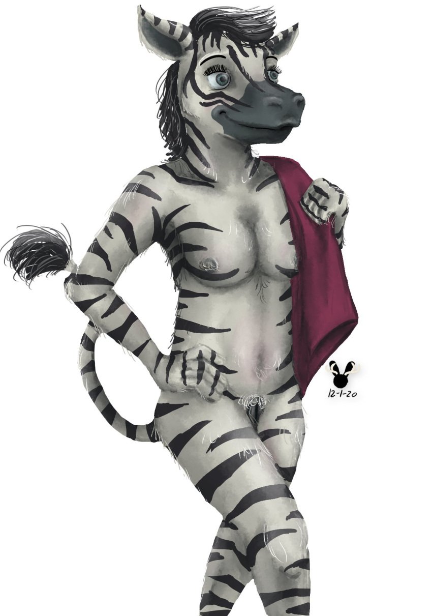 anthro beastars breasts cottontailjack ellen_(beastars) equid equine female fur genitals hand_on_hip hi_res mammal mane navel nipples pussy simple_background solo striped_body striped_fur stripes tail_tuft towel towel_on_shoulder tuft white_background zebra