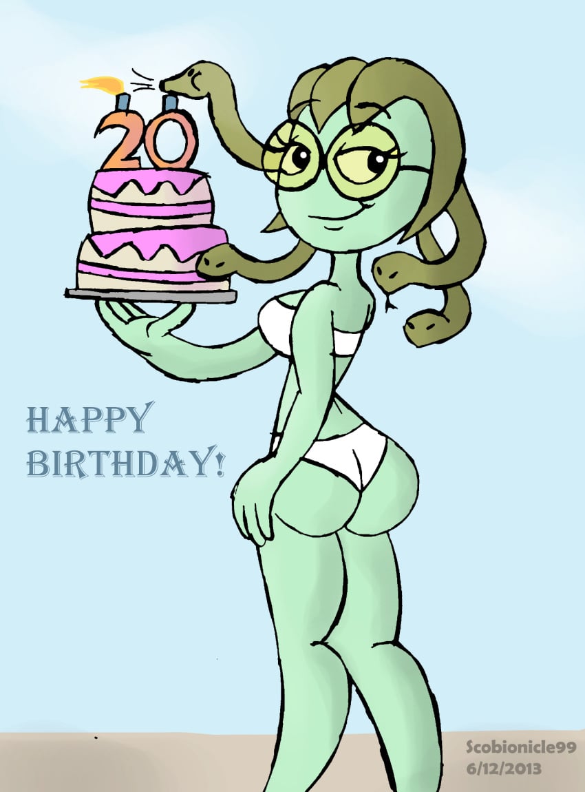 1girls ass beach bedroom_eyes bikini biped bipedal birthday birthday_cake burtonberg cake female glasses gorgon green_skin legs looking_at_viewer looking_back looking_back_at_viewer montatora-501 omegusmaximus original_character scobionicle99 shelby_gorgon_(montatora-501) sideboob snake_hair swimsuit swimwear white_bikini