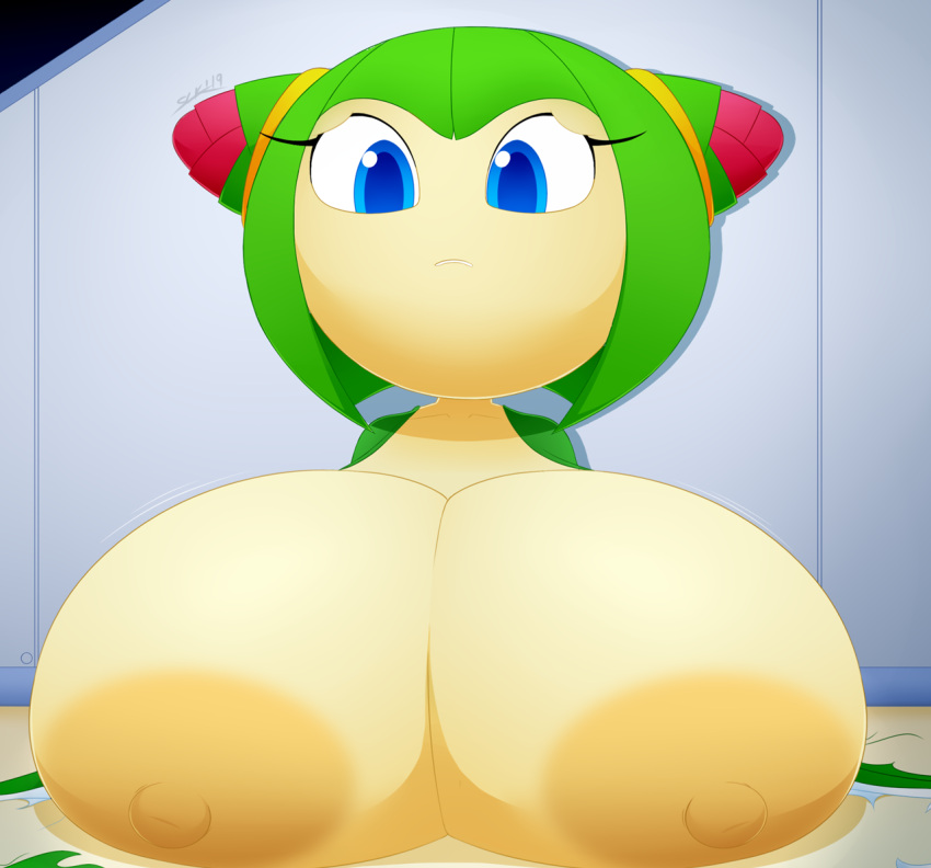 big_breasts blue_eyes breasts cosmo_the_seedrian elemental_creature female flora_fauna green_hair hair huge_breasts plant seedrian slickehedge solo sonic_(series) sonic_the_hedgehog_(series) sonic_x video_games