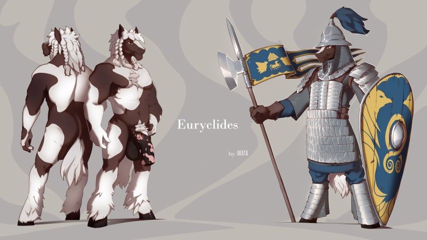 absurd_res animal_genitalia animal_penis anthro armor equid equine equine_penis flag furry_only genitals hi_res hooves horse male mammal melee_weapon model_sheet muscular muscular_anthro muscular_male nude okata penis polearm shield solo standing weapon