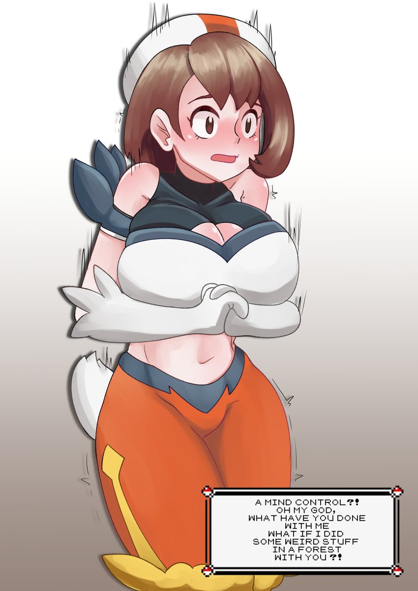 1girls assimilation bare_midriff breasts brown_hair cinderace_(cosplay) corruption cosplay english_text female female_only femsub gloria_(pokemon) gloves hat hypnosis large_breasts maledom midriff mind_control pokemon pokemon_(cosplay) pokemon_ss pokephilia rape skye_borough solo text