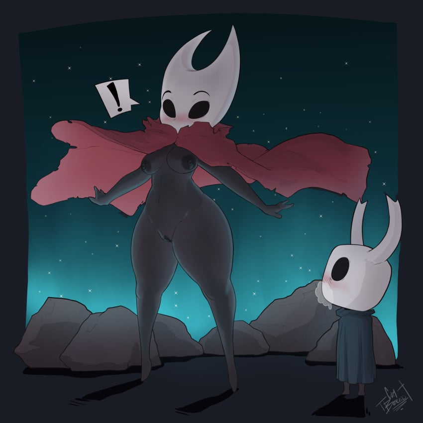 ! 1boy 1girls accidental_exposure anthro areolae background beard bellybutton big_thighs blue_cloak blush bottom_heavy breasts cape clitoris cloak clothing clothing_lift cumbread digital_media_(artwork) drooling embarrassed eyebrows fecharis female hands high_resolution hollow_knight hornet_(hollow_knight) insects larger_female male navel nipples nude_cover protagonist_(hollow_knight) pussy red_cape red_cloak rocks shading shadow siblings size_difference smaller_male speech_bubble standing staring stars surprised team_cherry torn_clothing video_games voyeur wardrobe_malfunction white_beard