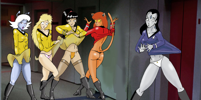 2012 alien alternate_version_available andorian_(species) antennae_(anatomy) anthro betty_(inspector97) black_hair blonde_hair blue_shirt blue_skin boots caitian_(species) cardassian_(species) cat_ears cat_tail dhira_(kaijuduke) elevator female human humanized humanoid inspector97 john_f._ridley multiple_females multiple_girls orange_skin panties perry_(inspector97) red_shirt shiboline_m'ress star_trek star_trek_the_animated_series starfleet_insignia starfleet_uniform stockings tail thong thrala_(inspector97) upskirt vulva wardrobe_malfunction white_hair yellow_sclera yellow_shirt